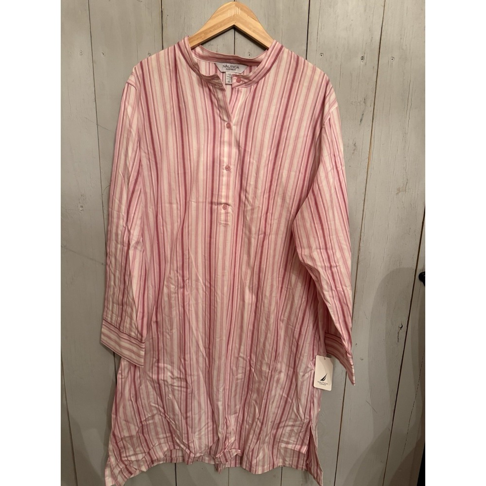 New Nautica‎ Pink Striped Button Cotton Night Gown Nightshirt size 1X Vintage